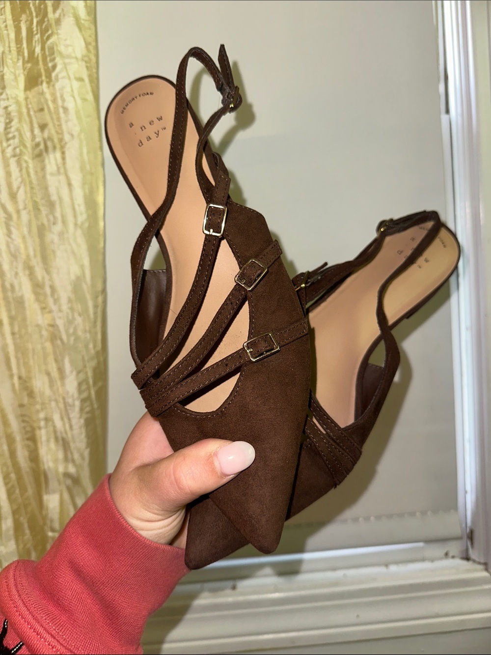 a new day Brown Pointed Slingback Mules with Buckle Straps